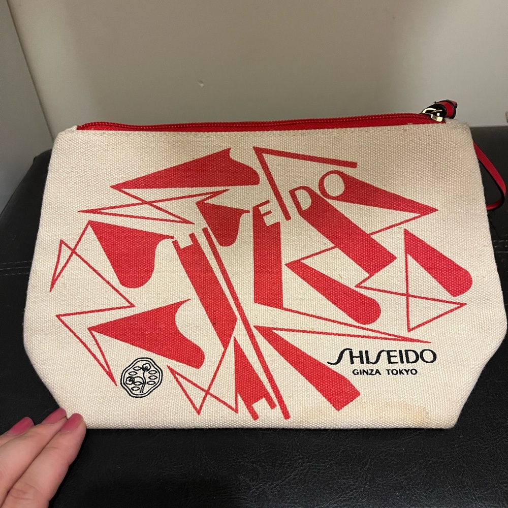 Shiseido Beige and Red Graphic Toiletry Bag
